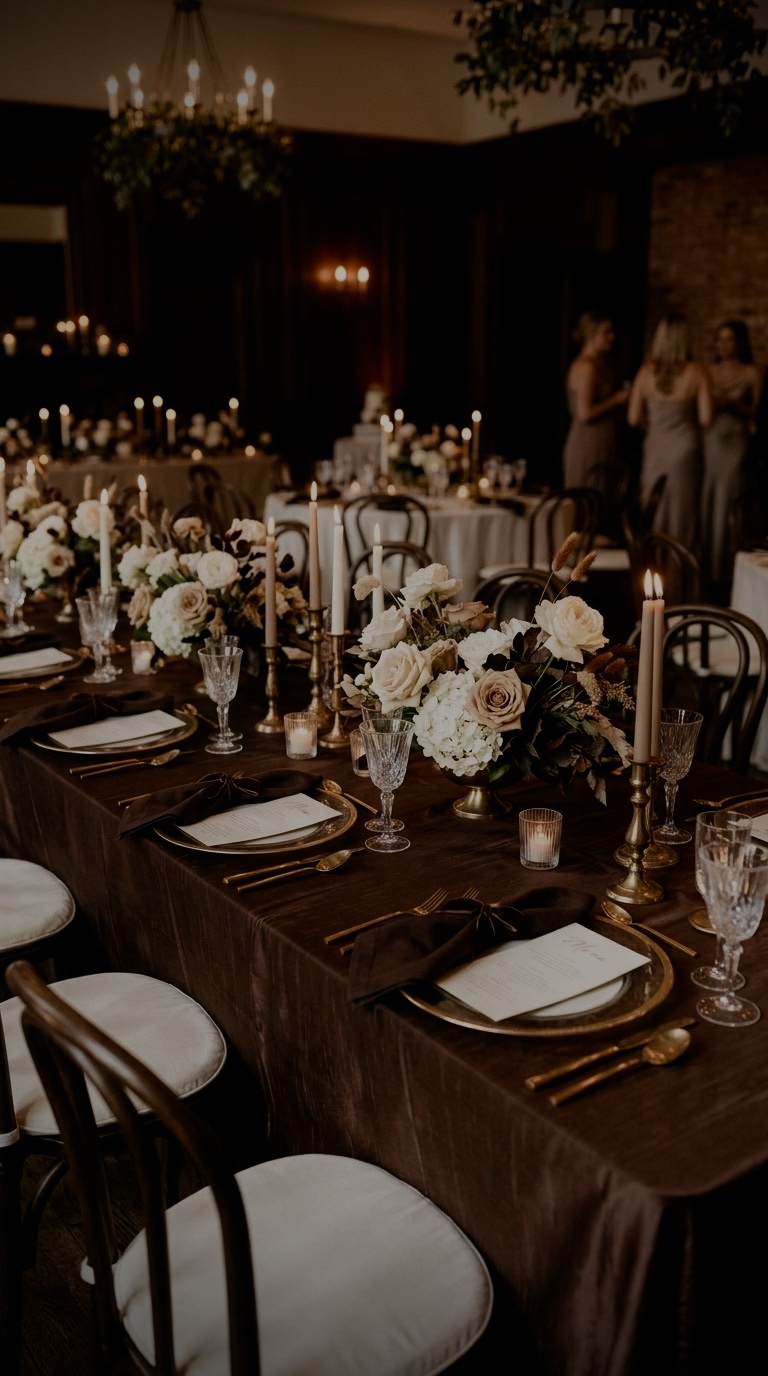 An intimate tablescape in deep brown velvet with white roses and brass candlesticks